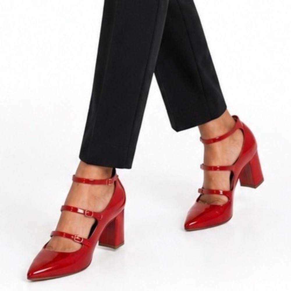Tahari Rebecca‎ Red Patent Triple Strap Mary Jane Block Heel Stilettos 11 46-01